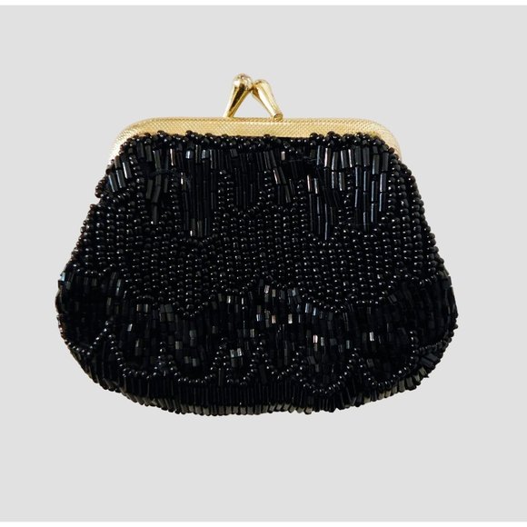 Amanda Smith Handbags - Amanda Smith Black Beaded Coin Purse Gold Tone Kiss Lock Closure 4" Wide